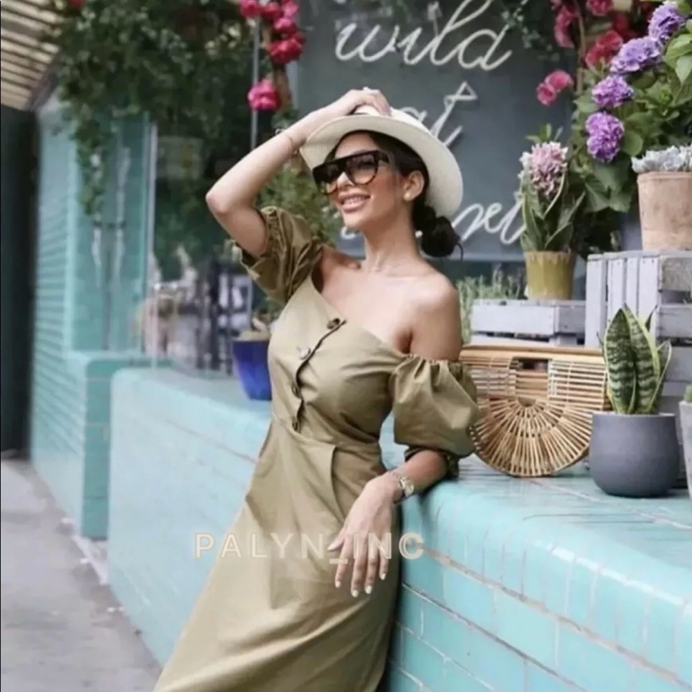 ZARA KHAKI OFF-THE-SHOULDER MIDI DRESS